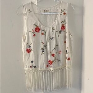 Anthropologie White Floral Embroidered Fringe Blouse